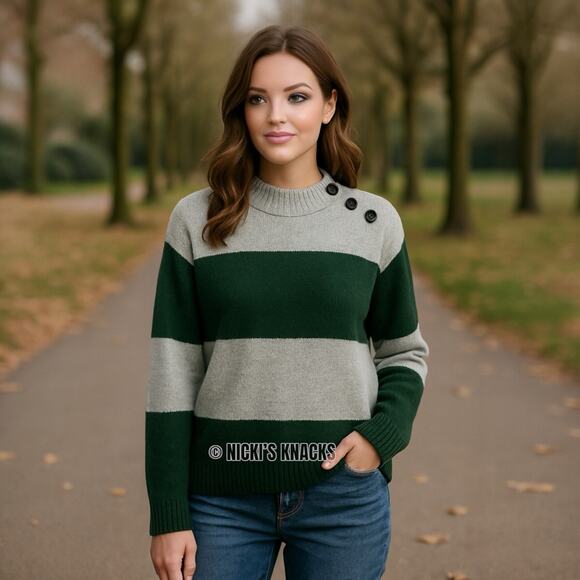 Whistles Wool Blend Stripe Button Neck Sweater Green Blue Jumper Size Small - Picture 1 of 13